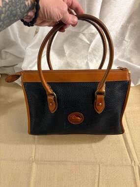 Vintage Dooney & Bourke All Weather Leather East West Satchel Navy Blue and Tan
